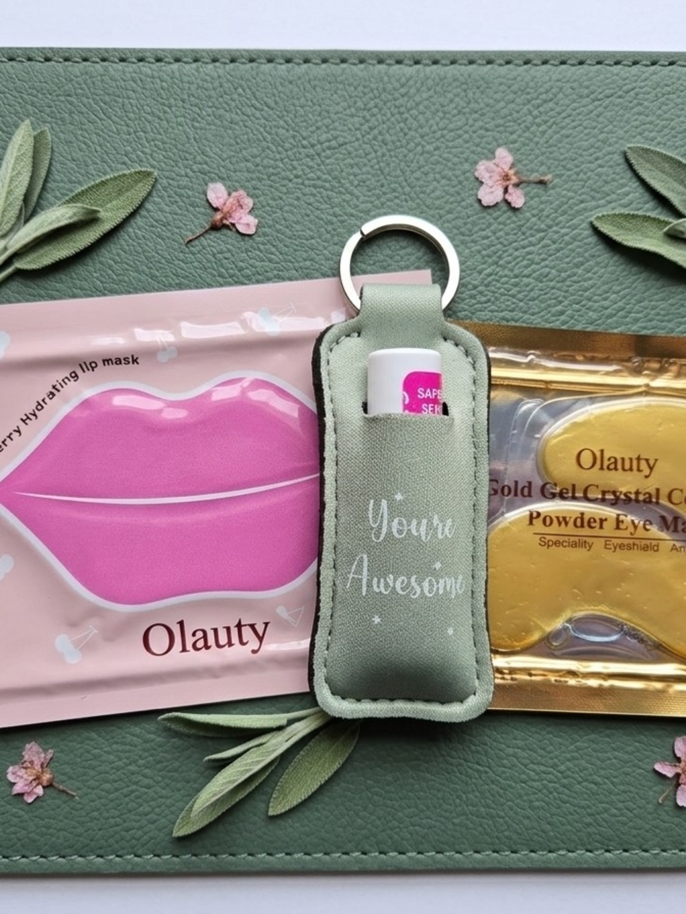 Lip Balm Keychain Pouch and makeup bag with lip/eye mask.